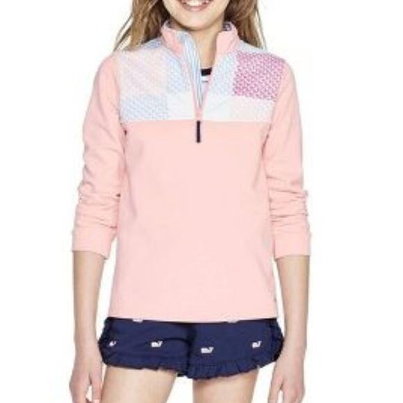 Vineyard Vines x Target | Youth Girls Pink Patchwork Whale Logo 1/4 Zip Pullover - Picture 3 of 11